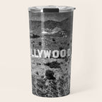 Hollywood Sign, Hollywood Hill, California landscape black and white photograph Travel Mug Gallery Image 1
