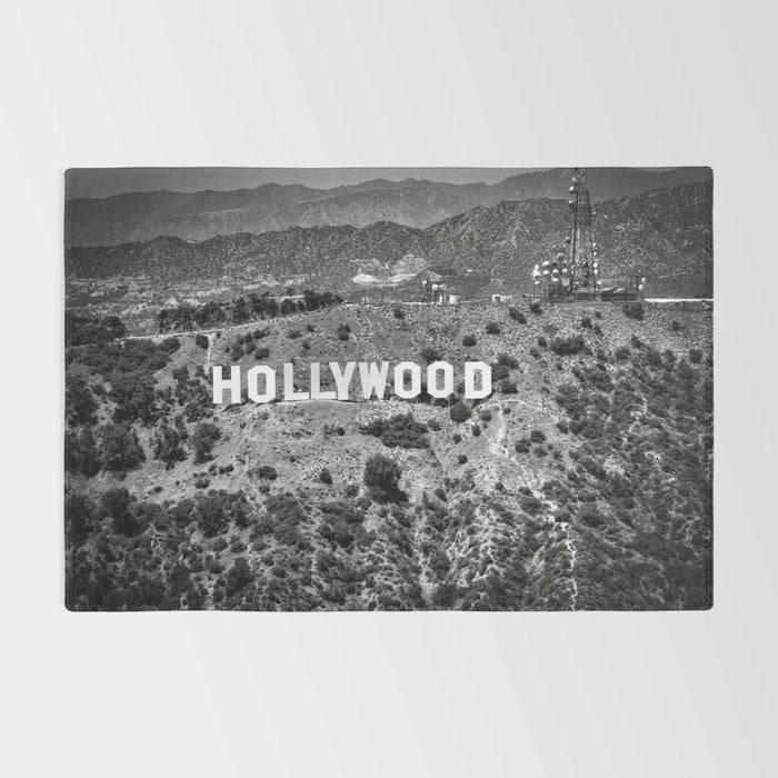 Hollywood Sign, Hollywood Hill, California landscape black and white photograph Rug Gallery Image 2