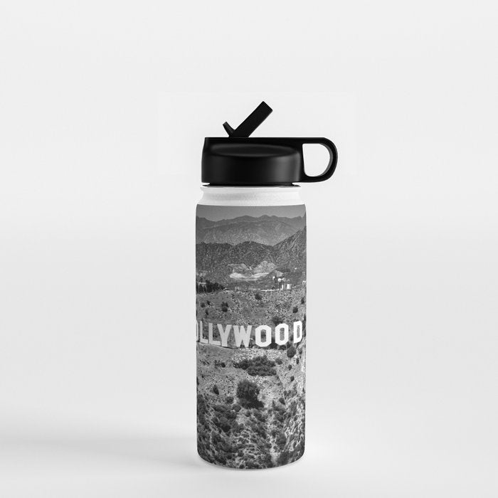 Hollywood Sign, Hollywood Hill, California landscape black and white photograph Water Bottle Gallery Image 1