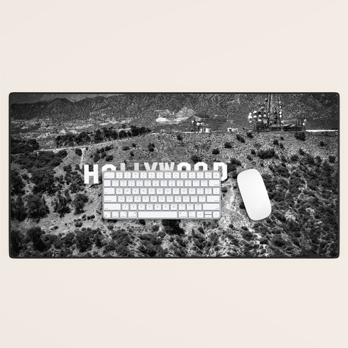 Hollywood Sign, Hollywood Hill, California landscape black and white photograph Desk Mat Gallery Image 1