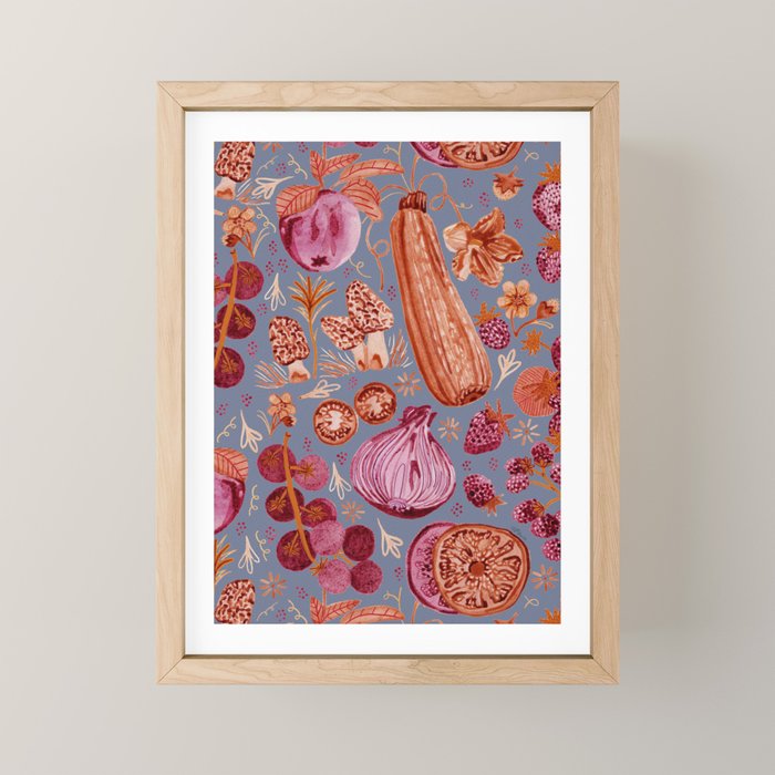Garden Vegetables & Fresh Fruit in Grey & Rust Mini Art Print Gallery Image 1