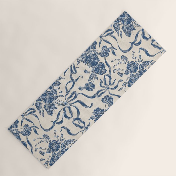 Chic Modern Vintage Ivory Navy Blue Floral Pattern Yoga Mat Gallery Image 1