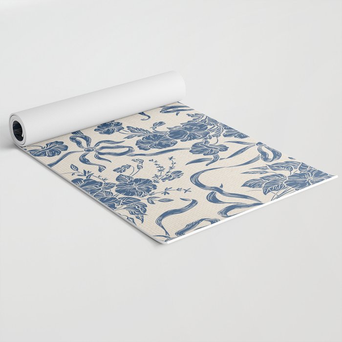 Chic Modern Vintage Ivory Navy Blue Floral Pattern Yoga Mat Gallery Image 2