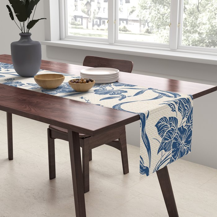 Chic Modern Vintage Ivory Navy Blue Floral Pattern Table Runner Gallery Image 2
