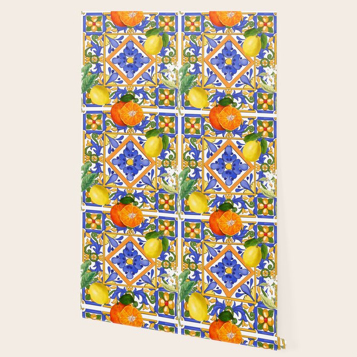 Summer ,Sicilian tiles ,citrus,oranges,majolica,lemons ,Mediterranean  Wallpaper Gallery Image 2