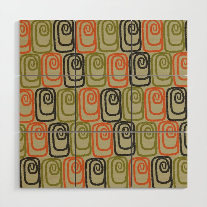 Midcentury Twist Abstract Pattern Olive Green Orange Charcoal  Wood Wall Art Gallery Image 1