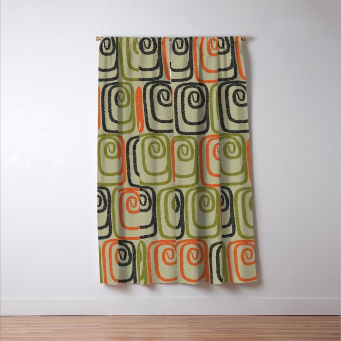 Midcentury Twist Abstract Pattern Olive Green Orange Charcoal  Window Curtain Gallery Image 3