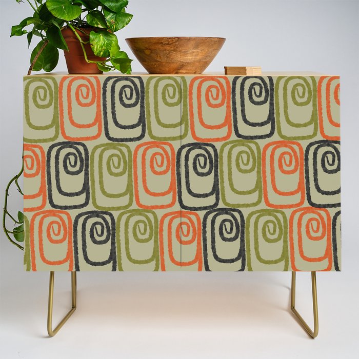 Midcentury Twist Abstract Pattern Olive Green Orange Charcoal  Credenza Gallery Image 1
