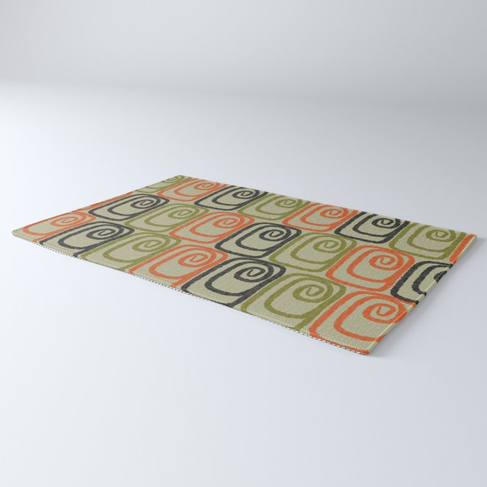 Midcentury Twist Abstract Pattern Olive Green Orange Charcoal  Rug Gallery Image 3