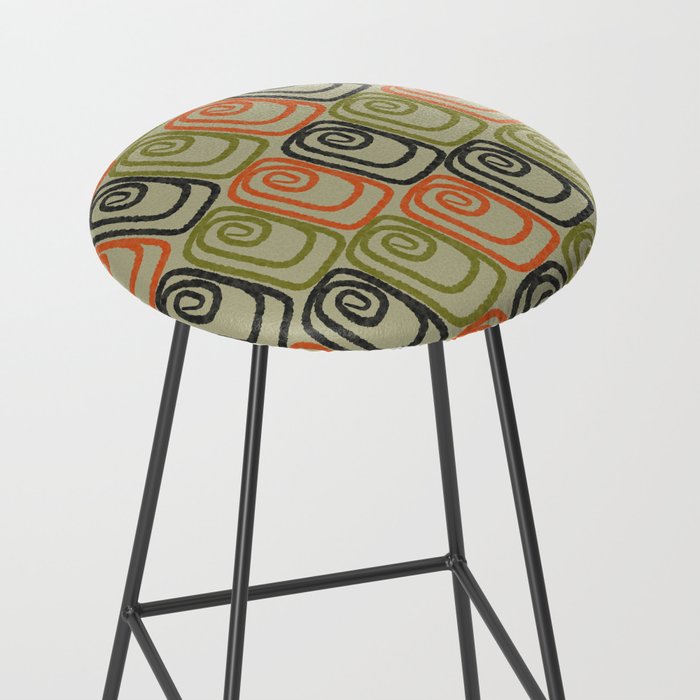 Midcentury Twist Abstract Pattern Olive Green Orange Charcoal  Stool Gallery Image 2