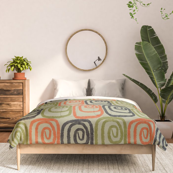 Midcentury Twist Abstract Pattern Olive Green Orange Charcoal  Comforter Gallery Image 3