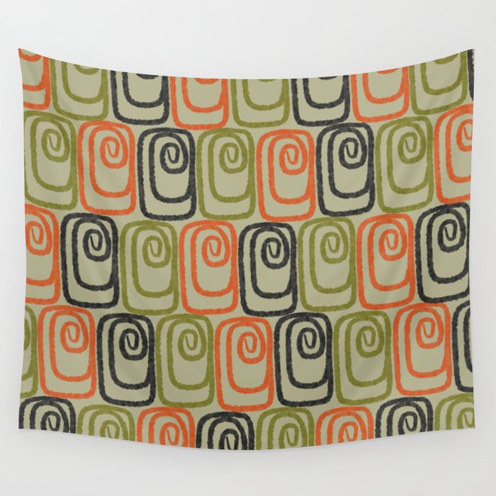 Midcentury Twist Abstract Pattern Olive Green Orange Charcoal  Wall Tapestry Gallery Image 1