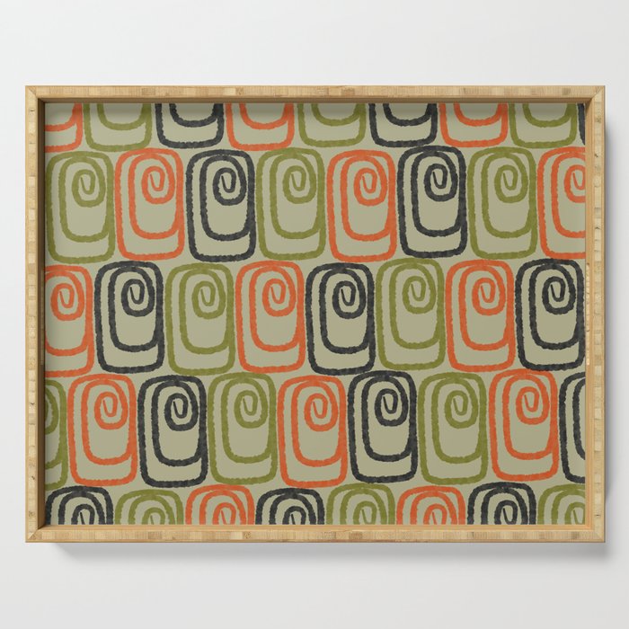 Midcentury Twist Abstract Pattern Olive Green Orange Charcoal  Serving Tray Gallery Image 1