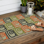 Midcentury Twist Abstract Pattern Olive Green Orange Charcoal  Outdoor Rug Gallery Image 2