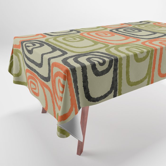 Midcentury Twist Abstract Pattern Olive Green Orange Charcoal  Tablecloth Gallery Image 1