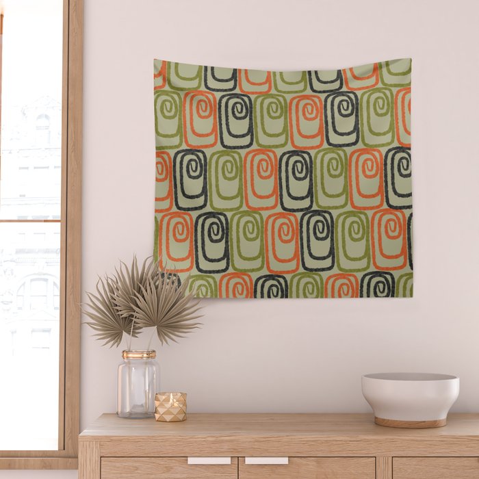 Midcentury Twist Abstract Pattern Olive Green Orange Charcoal  Wall Tapestry Gallery Image 2
