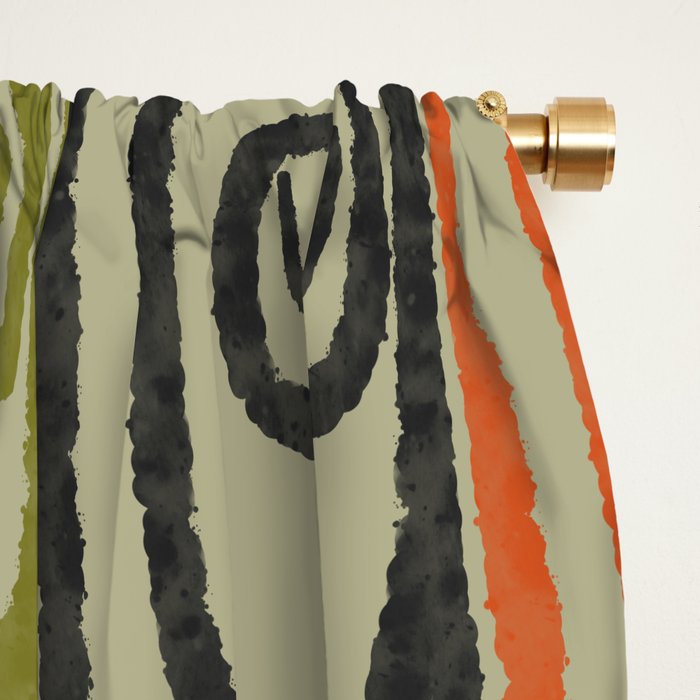 Midcentury Twist Abstract Pattern Olive Green Orange Charcoal  Window Curtain Gallery Image 2