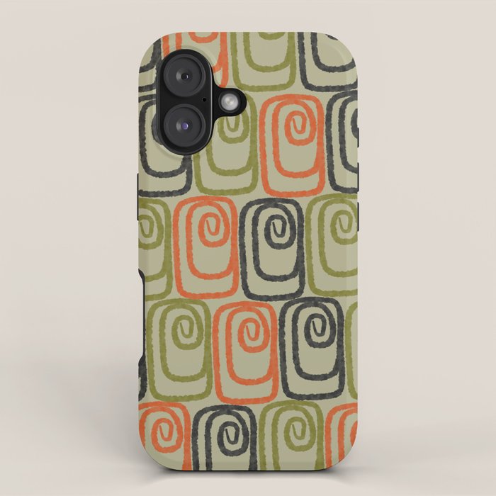Midcentury Twist Abstract Pattern Olive Green Orange Charcoal  iPhone Case Gallery Image 1