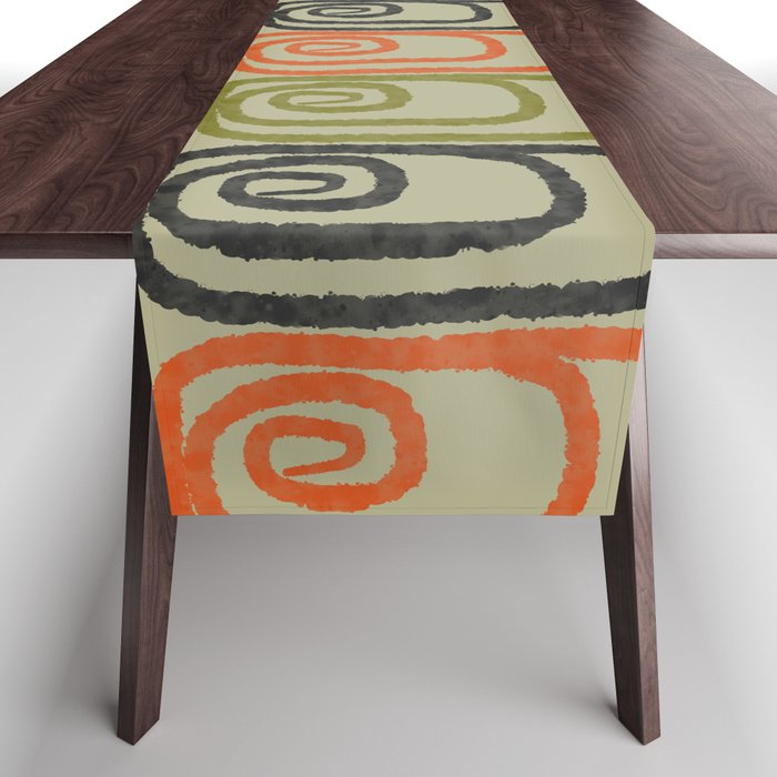 Midcentury Twist Abstract Pattern Olive Green Orange Charcoal  Table Runner Gallery Image 1