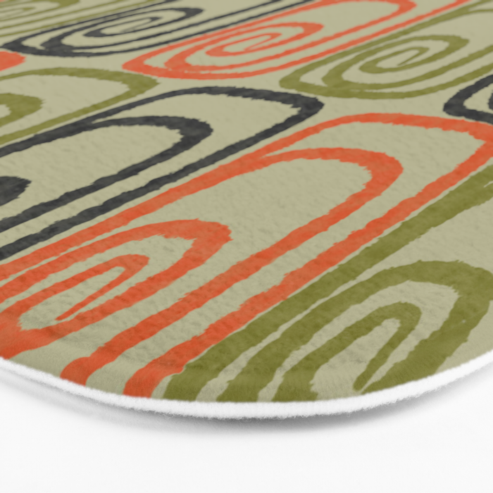 Midcentury Twist Abstract Pattern Olive Green Orange Charcoal  Bath Mat Gallery Image 3