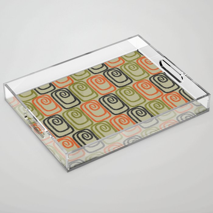 Midcentury Twist Abstract Pattern Olive Green Orange Charcoal  Acrylic Tray Gallery Image 1