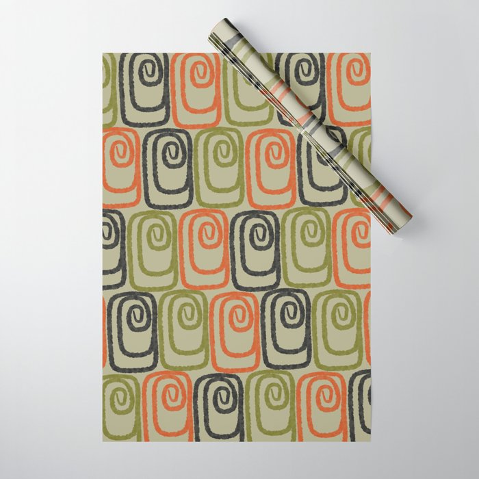 Midcentury Twist Abstract Pattern Olive Green Orange Charcoal  Wrapping Paper Gallery Image 1