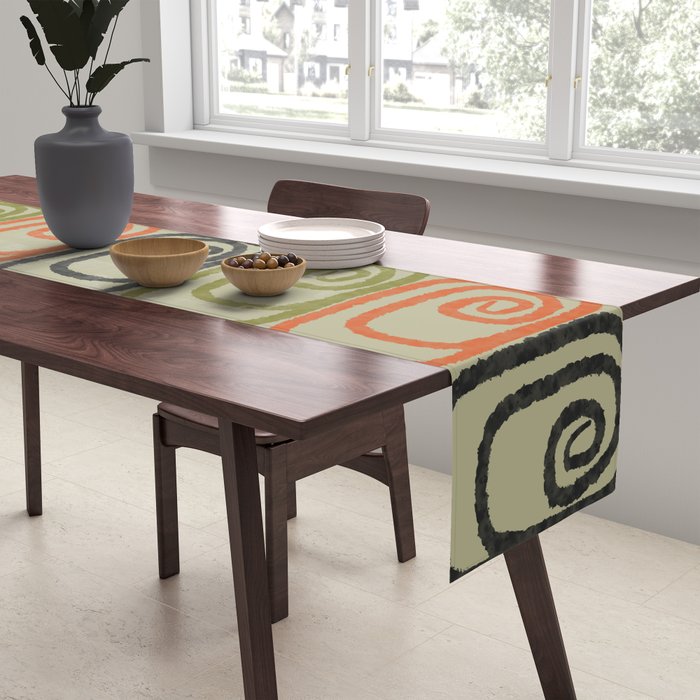 Midcentury Twist Abstract Pattern Olive Green Orange Charcoal  Table Runner Gallery Image 2