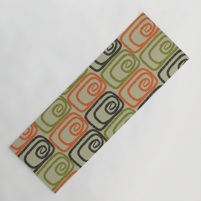 Midcentury Twist Abstract Pattern Olive Green Orange Charcoal  Yoga Mat Gallery Image 1