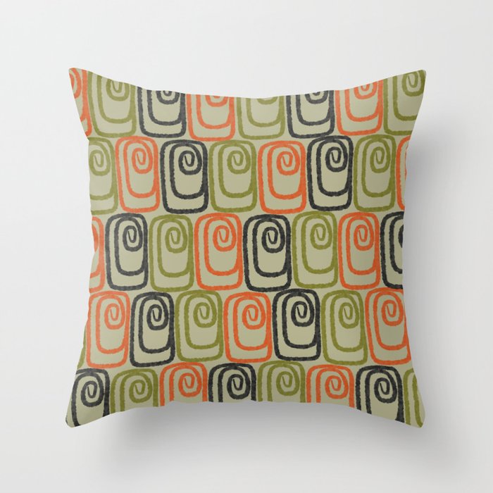Midcentury Twist Abstract Pattern Olive Green Orange Charcoal  Throw Pillow Gallery Image 6