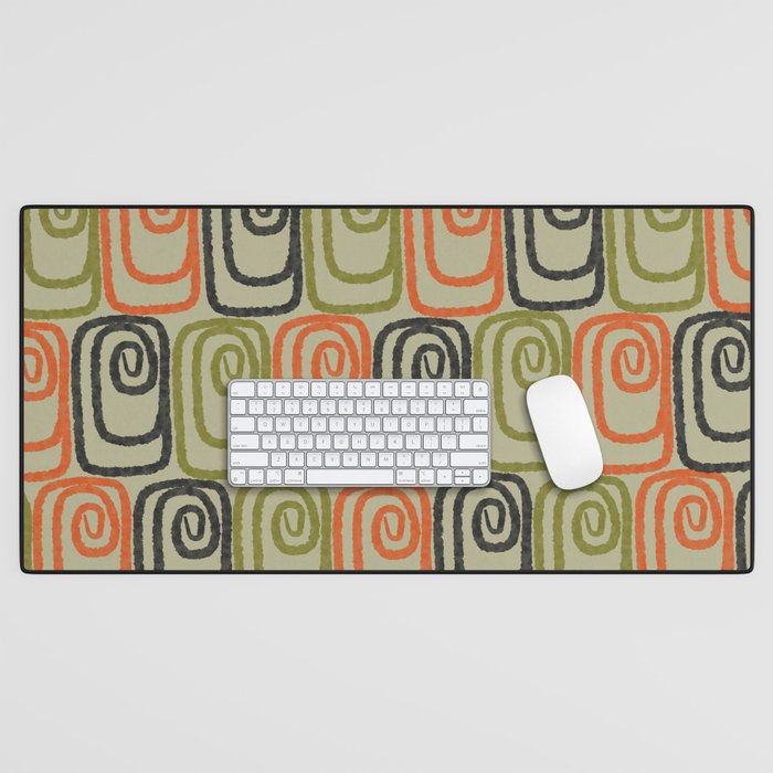 Midcentury Twist Abstract Pattern Olive Green Orange Charcoal  Desk Mat Gallery Image 1