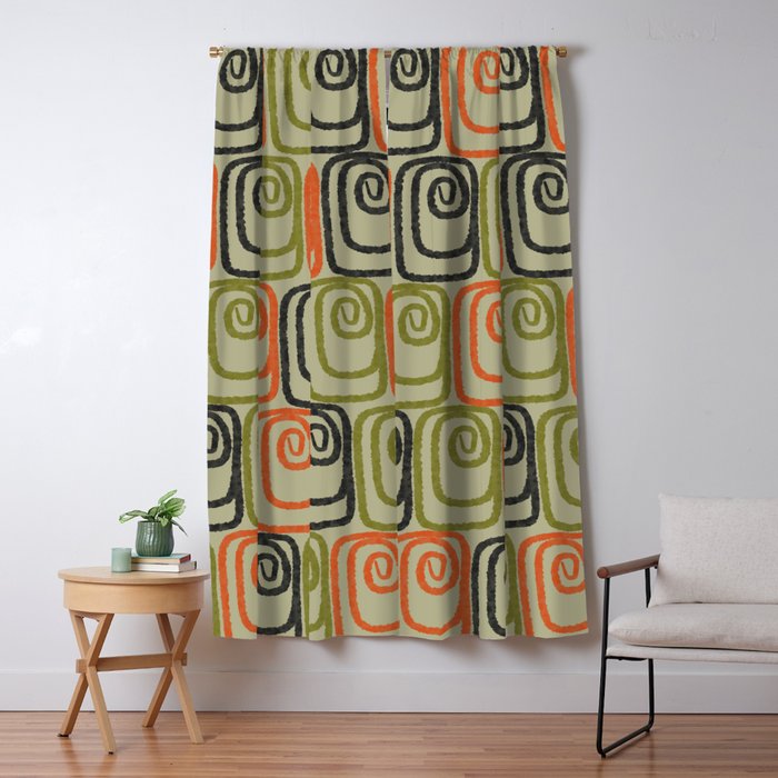 Midcentury Twist Abstract Pattern Olive Green Orange Charcoal  Window Curtain Gallery Image 5