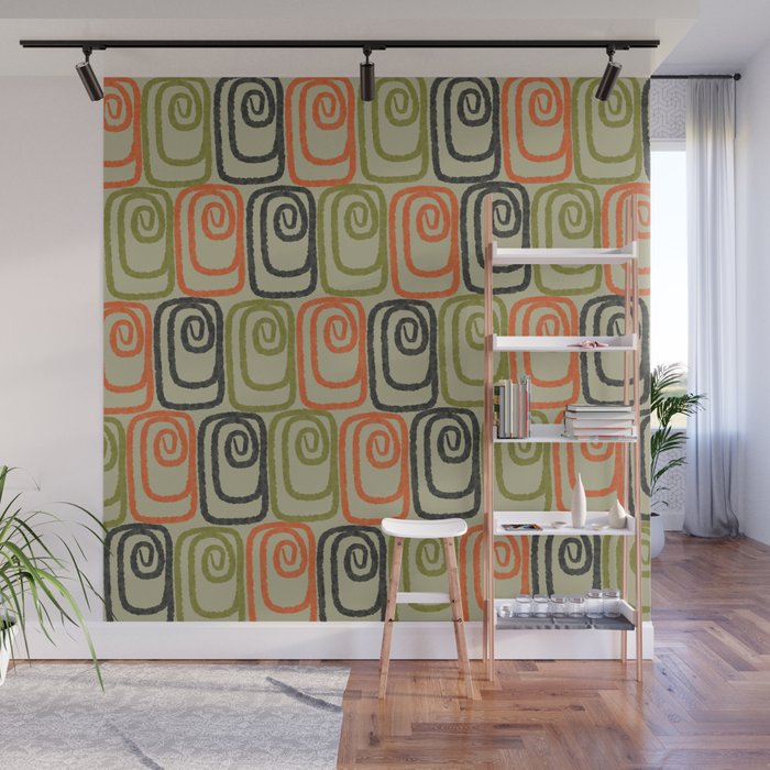 Midcentury Twist Abstract Pattern Olive Green Orange Charcoal  Wall Mural Gallery Image 1