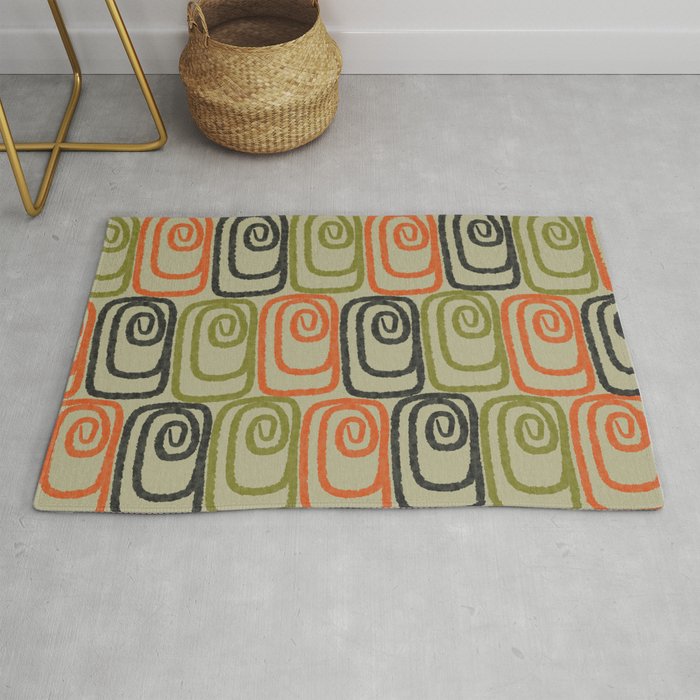Midcentury Twist Abstract Pattern Olive Green Orange Charcoal  Rug Gallery Image 1