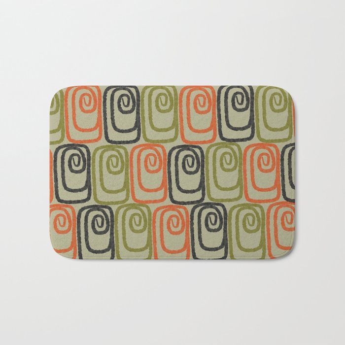 Midcentury Twist Abstract Pattern Olive Green Orange Charcoal  Bath Mat Gallery Image 1