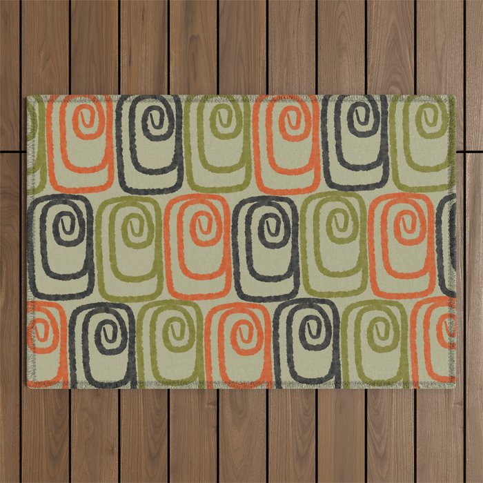 Midcentury Twist Abstract Pattern Olive Green Orange Charcoal  Outdoor Rug Gallery Image 1