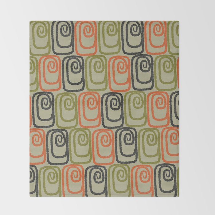 Midcentury Twist Abstract Pattern Olive Green Orange Charcoal  Throw Blanket Gallery Image 2