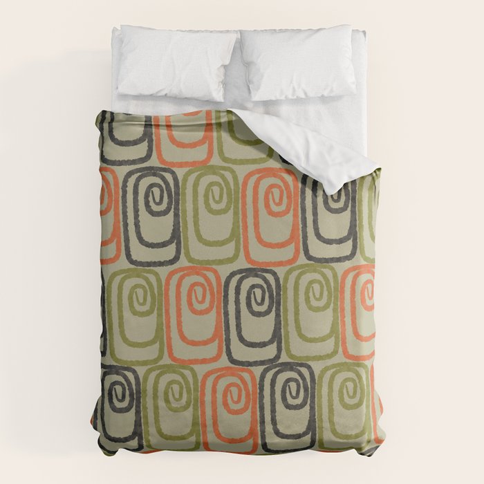 Midcentury Twist Abstract Pattern Olive Green Orange Charcoal  Duvet Cover Gallery Image 6