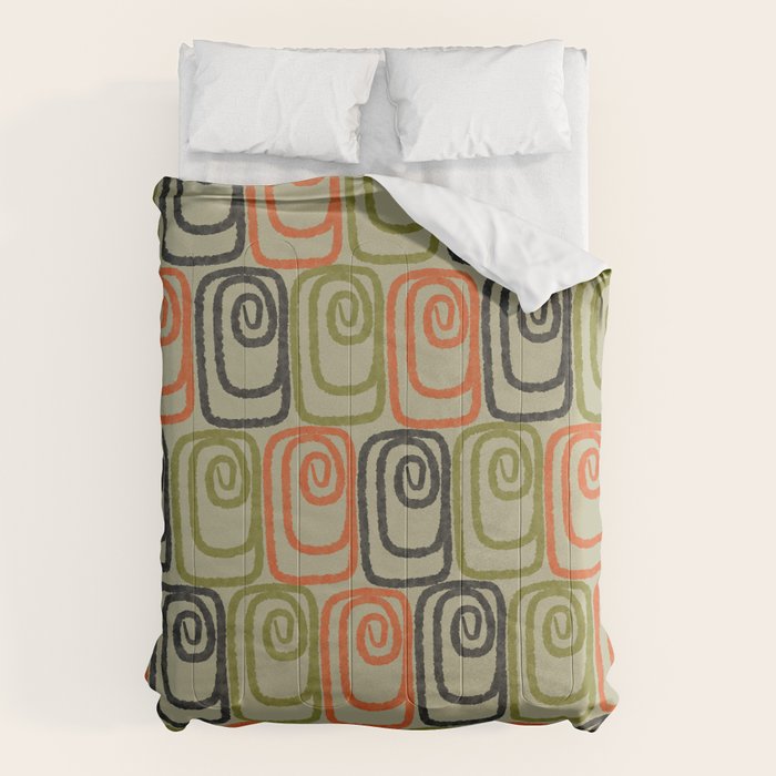 Midcentury Twist Abstract Pattern Olive Green Orange Charcoal  Comforter Gallery Image 6