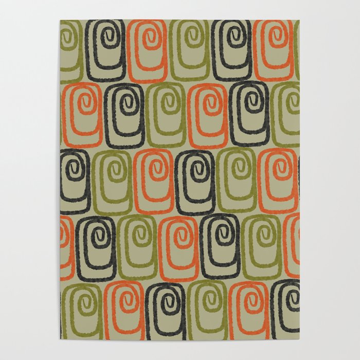 Midcentury Twist Abstract Pattern Olive Green Orange Charcoal  Poster Gallery Image 1