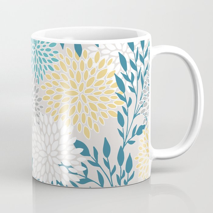 Garden Florals, Yellow, Teal, Gray Coffee Mug Gallery Image 1