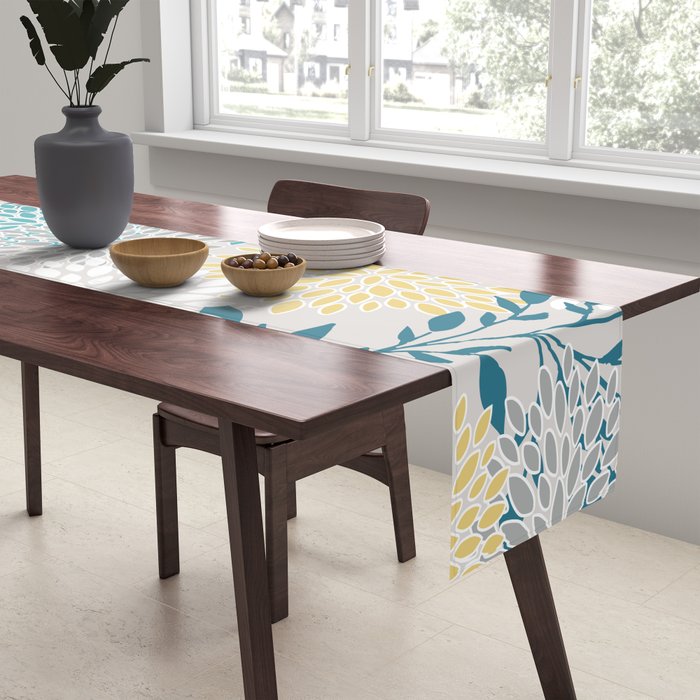 Garden Florals, Yellow, Teal, Gray Table Runner Gallery Image 2