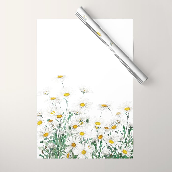 white margaret daisy horizontal watercolor painting Wrapping Paper Gallery Image 1