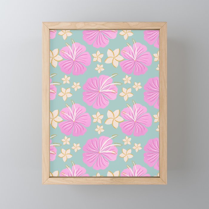 Pink and turquoise hibiscus flowers pattern Mini Art Print Gallery Image 1