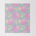 Pink and turquoise hibiscus flowers pattern Throw Blanket Gallery Image 2