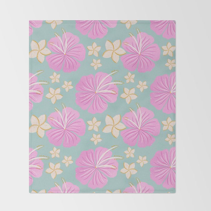Pink and turquoise hibiscus flowers pattern Throw Blanket Gallery Image 2