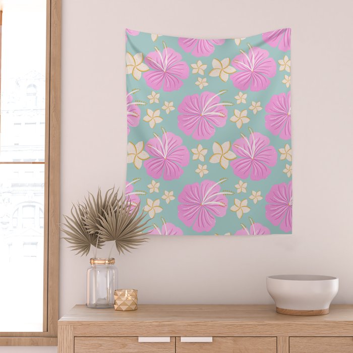 Pink and turquoise hibiscus flowers pattern Wall Tapestry Gallery Image 2