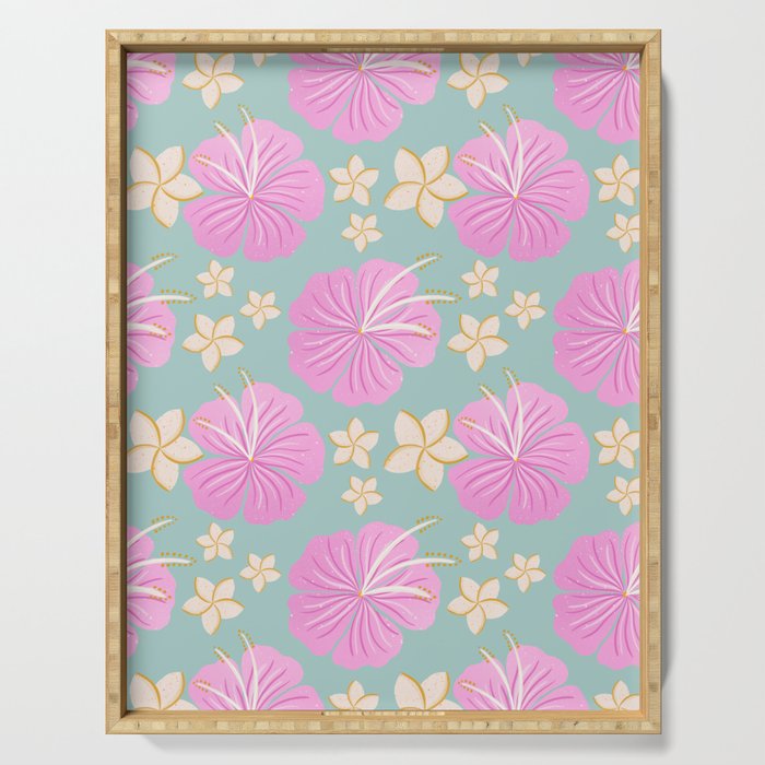 Pink and turquoise hibiscus flowers pattern Serving Tray Gallery Image 1