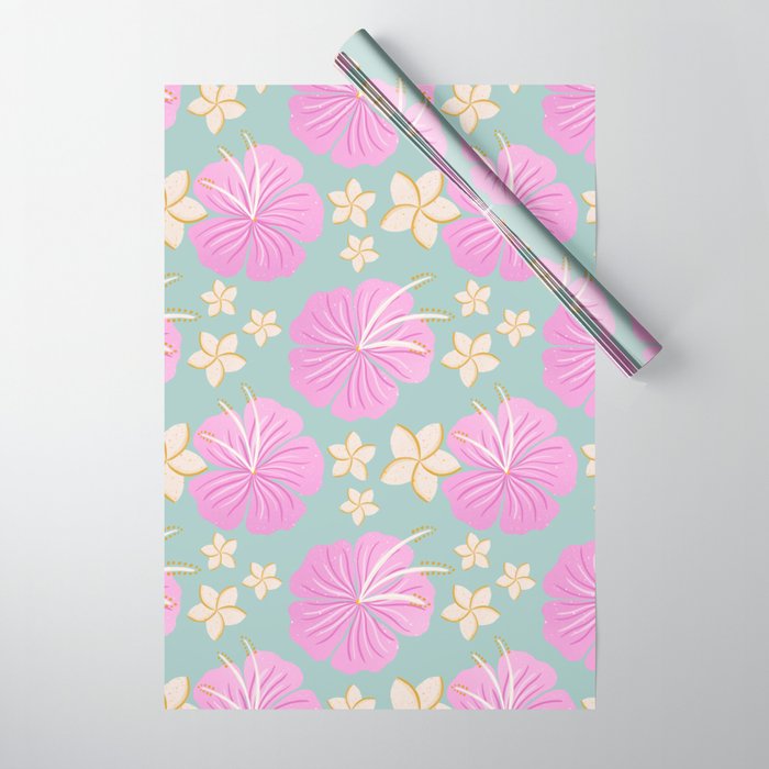 Pink and turquoise hibiscus flowers pattern Wrapping Paper Gallery Image 1