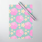 Pink and turquoise hibiscus flowers pattern Wrapping Paper Gallery Image 1