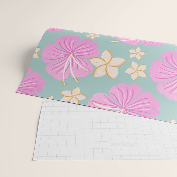 Pink and turquoise hibiscus flowers pattern Wrapping Paper Gallery Image 2